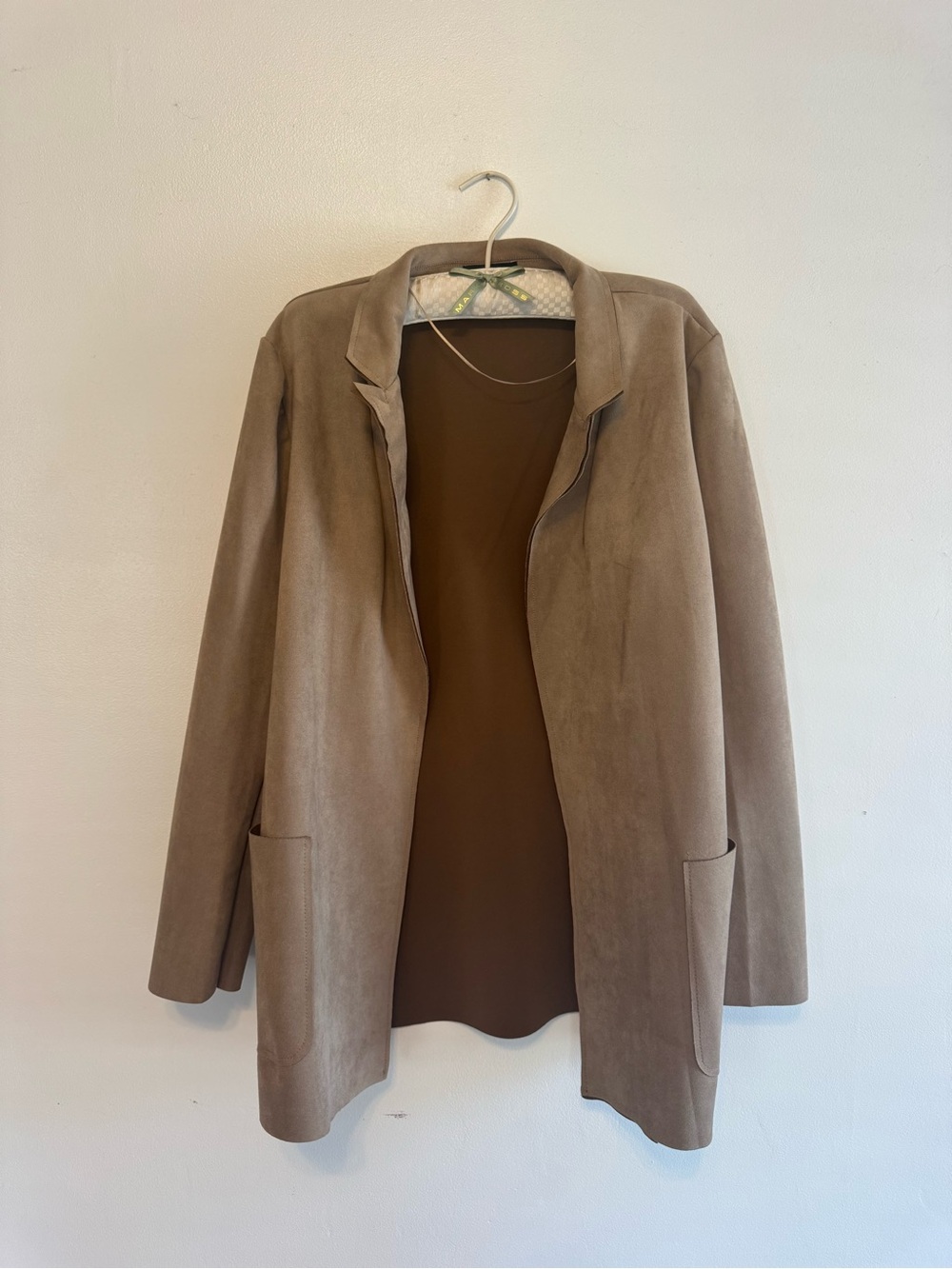 Premise Beige Suede Open Front Jacket Women XL Pockets Lightweight Long Sleeve